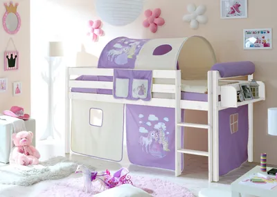 Produktbild von Hochbett Spielbett Malte Kiefer massiv Weiss, Vorhangstoff:Horse Lila