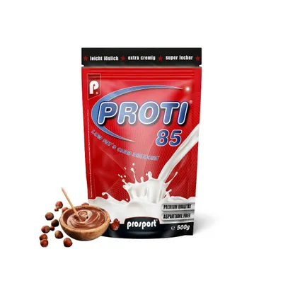 Produktbild von Prosport Proti® 85 Proteinpulver 500g, Nuss-Nougat – 4-Komponenten-Protein mit Whey Konzentrat-Isolat-Mix, Casein & Eialbumin – Mit 10 Vitaminen, BCAAs & EAAs – Extra cremiger Eiweißshake für Muskelaufbau
