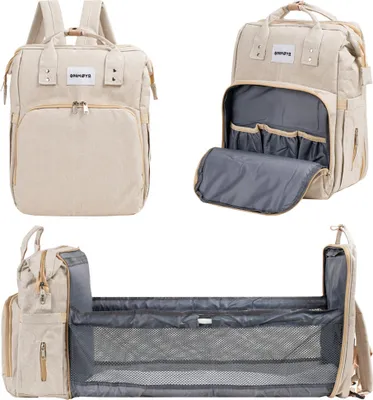 Produktbild von Barmøya Wickelrucksack 2-in-1 Rucksack & Wickelablage - wasserabweisend, geräumig, mit Laptopfach, isolierte Flaschenhalterungen, beige | BM-8