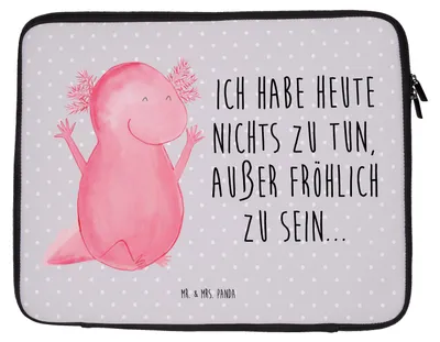 Produktbild von Mr. & Mrs. Panda Laptop Tasche Axolotl Hurra 27 x 36 cm - Grau Pastell - Geschenk, Hülle, Spaß, Sleeve, Case, Schwanzlurch, Lurch, Laptoptasche, Freude