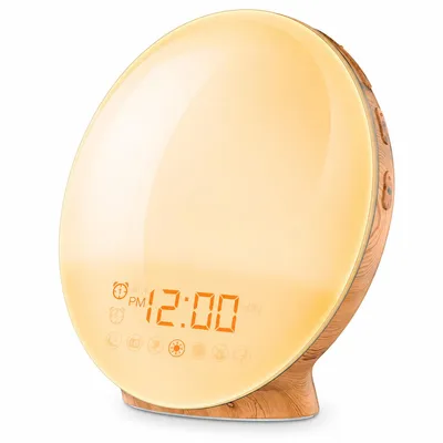 Produktbild von Sonnenaufgang Wecker LED, Wake Up Light mit Sonnenuntergang, Naturgeräuschen, 7 Farben RGB Nachtlicht, dimmbare Nachttischlampe Holzoptik