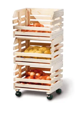 A wooden crate shelving unit filled with produce.