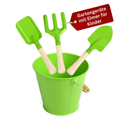 Produktbild von Eli® Gartenwerkzeug Kinder inkl. 3 Gartengeräte und Eimer Geschenke für Jungen und Mädchen - Spielgeräte Garten - Outdoor - Kinderwerkzeug Set