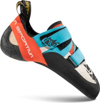 Klett-Kletterschuh "Otaki" von La Sportiva in Blau und Schwarz mit rotem Akzent.