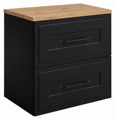 Produktbild von Badezimmerschrank hängend 60 mit Schubladen, Korpus in Schwarz + Platte in Eiche Craft, Griffe in Schwarz, 60 x 46 x 58,6 cm, KI-generiertes Bild