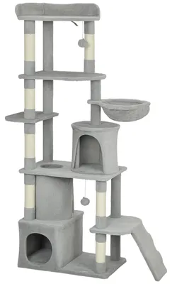 Image de Arbre à chat avec tunnel et maisons pour chats, 170 cm | Couleur : Gris et blanc | Dimensions : 40x60x170 cm
