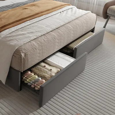 Image de Structure de lit - Lit en velours - Lit moderne - Mobilier de chambre à coucher - Rangement avec tiroirs - Ports USB