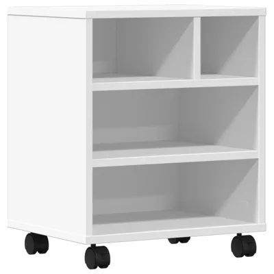 A white printer stand with wheels and multiple shelves.