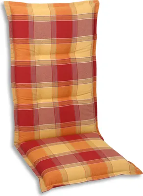 A high chair cushion with a plaid pattern.
