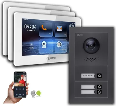 Image de Goliath interphone vidéo BUS 2 fils : maison de 3 familles, Smartphone App, anthracite : Boîte de montage en saillie : 7 pouces en blanc Sélection du moniteur : 7 pouces en blanc Boîte de montage de la sonnette : Boîte de montage en saillie
