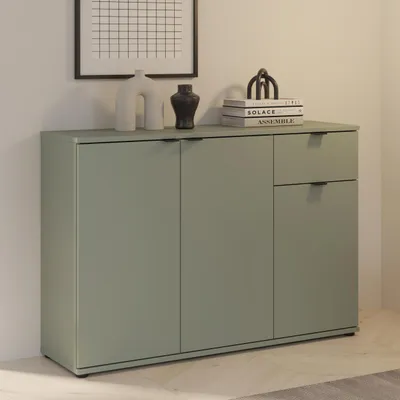 Produktbild von Forte GANYMEDE Sideboard 120, minimalistische Kommode, 3-türig, 1 Schublade, Holzwerkstoff, Wohn-/Schlafzimmer, Salbei, 119,8 cm breit x 82,3 cm hoch x 34,1 cm tief