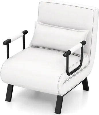 A white armchair with black legs and armrests, featuring a lumbar pillow.