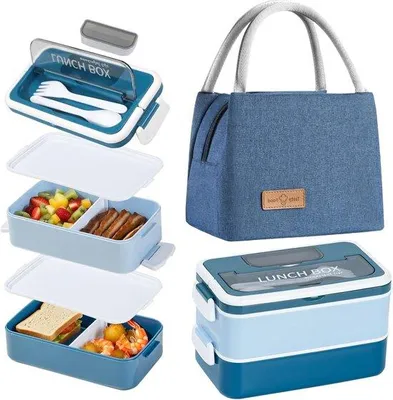Produktbild von Famanu Lunchbox 2-lagig 1600 ml mit Kühltasche und Besteck blau