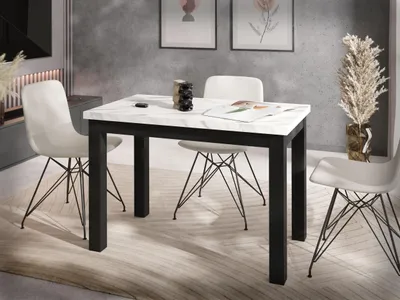 Produktbild von Rechteckiger Esstisch 100 x 60 cm – Platzsparender Küchentisch in Skandi & Loft Stil – Schwarze Holzbeine – für Küche, Wohnzimmer oder Büro – Marmor Weiß