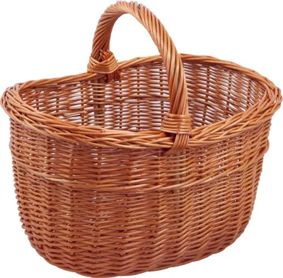 A woven basket with a handle.
