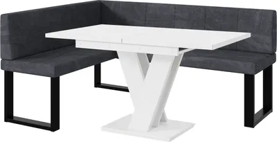 Produktbild von MEBLINI Eckbank für Esszimmer mit ausziehbarem Tisch  - Küchenbank - Essecke - Sitzecke Küche - PETER - U-Beine 128x168x87cm Links - Dunkelgrau Samt/M Weiß Matt