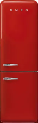 A red SMEG refrigerator with silver handles.