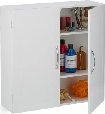 Immagine prodotto di Relaxdays Mobile da bagno sospeso, 3 ripiani regolabili, 2 ante, A x L x P: 60 x 60 x 20 cm, mobile da parete, bianco
