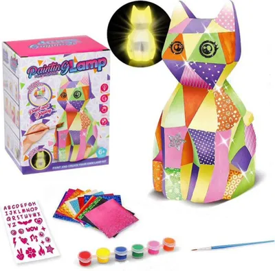 Zdjęcie produktu dla Habarri | Lampka nocna dla dzieci - lampka nocna DIY do malowania - do pokoju dziecięcego - zestaw rzemieślniczy z kolorami i pędzlami - kot