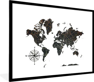 Produktbild von MuchoWow® Gerahmtes Poster Weltkarte - Abstrakt - Linien 80x60 cm - Poster mit Schwarzem Bilderrahmen Wandposter Rahmen Foto Bilder - Schlafzimmer-Dekorationen - Fotoposter
