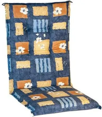 A chair cushion with a floral and striped pattern.