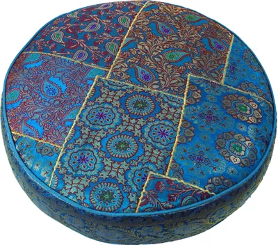 Produktbild von Orientalisches Rundes Patchwork Kissen 50 cm, Sitzkissen, Bodenkissen mit Baumwollfüllung - Blau, Viskose, Zierkissen, Dekokissen, Sofakissen