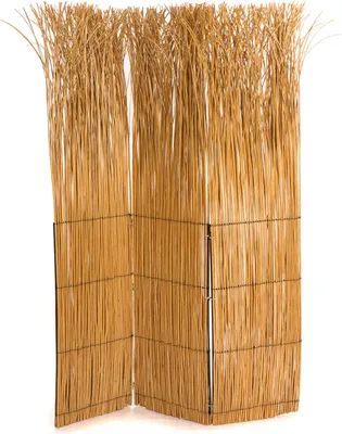 A three-panel room divider made of natural reeds or straw, standing upright against a white background.