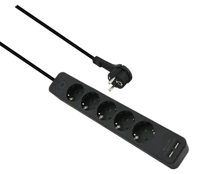 Zdjęcie produktu dla Listwa zasilająca helos ADVANCED, 5 gniazd, z ładowarką USB, czarna, 1,5 m, z wyłącznikiem