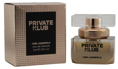 Karl Lagerfeld Private Klub Eau de Parfum Spray 25 ml mit goldfarbenem Flakon und passender Originalverpackung.