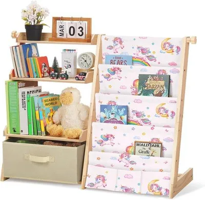 Productafbeelding van Kinderboekenkast met 4 planken, 3 open vakken en opbergruimte voor speelgoed - Eenhoornpatroon