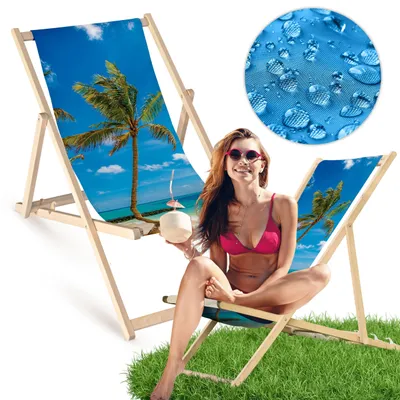 Holz Liegestuhl klappbar „Palme am Strand“ – Gartenstuhl Relaxstuhl Sonnenliege Balkon Terrasse