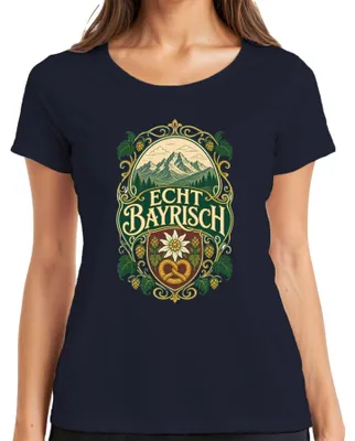 Imagen del producto de Camiseta para mujer, estilo bávaro, con motivos de los Alpes, edelweiss, pretzel, lúpulo, lederhosen y dirndl. Color: azul marino. Talla: M