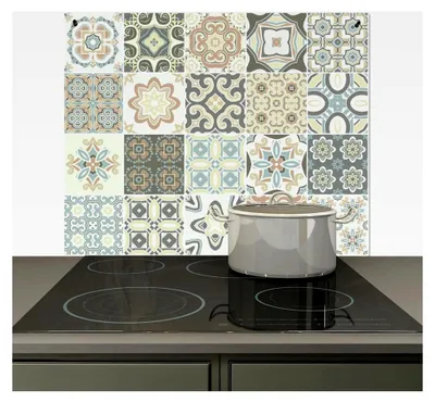 Produktbild von Spritzschutz für die Küche aus Vinyl 60x52 cm, Wanddeko für die Küchenrückwand, Abdeckplatte für Glaskeramikkochfeld mit Fliesen- und Mosaikmuster