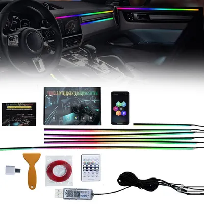 Zdjęcie produktu dla Oświetlenie LED do wnętrza samochodu, 6 w 1, akrylowe, RGB, oświetlenie ambientowe, 445 cm, 584 diody LED, sterowanie za pomocą aplikacji i pilota, 16 milionów kolorów, zasilanie USB
