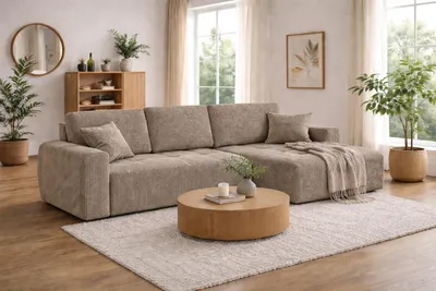 Image de Canapé d'angle avec fonction couchage et coffre de rangement, forme en L, Ivo XL, tissu velours côtelé Poso, beige foncé, ? droite