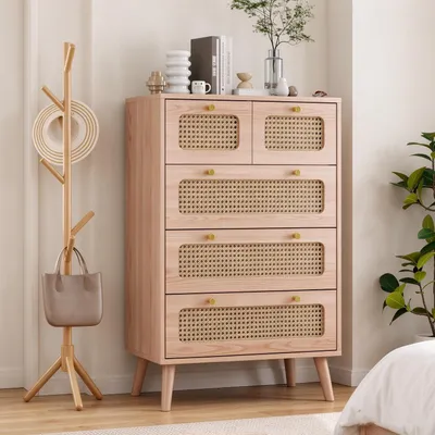 Productafbeelding van INONEFT Kommode met 5 laden, rieten kast voor de woonkamer, dressoir met metalen handgrepen, boho-kommode voor hal, slaapkamer, 60 x 34 x 91 cm