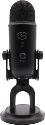 A black Blue Yeti USB microphone on a white background.
