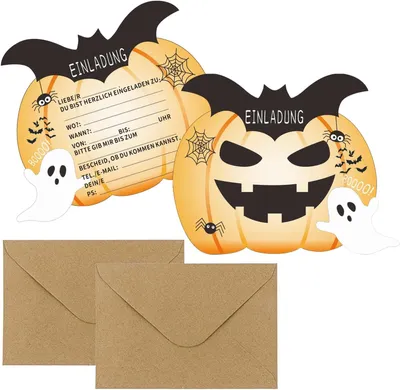 Productafbeelding van Uitnodigingskaarten voor Halloween - Set van 12 - Kinderen - Kinderverjaardag - Meisjes en jongens - Griezelige pompoen