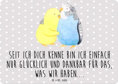 Produktbild von Mr. & Mrs. Panda Wandbild Wellensittich Liebe DIN A6 - Grau Pastell - Geschenk, Freundin, Umarmen, Verknallt, Schild, Blechschild, tafel, wandtafel, Verliebt, Beziehung