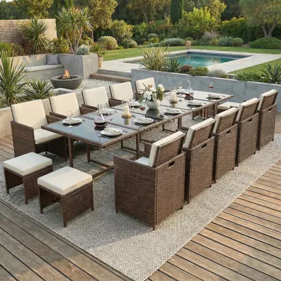 Image de Poly rotin Ensemble de meubles de jardin table à manger Lounge 15 pièces Set 1x table + 10x chaises + 4x tabourets - marron