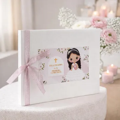 Gästebuch für Erstkommunion, Mädchen, mit Illustration und rosa Schleife