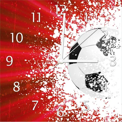 Produktbild von Wallario Design Wanduhr Fußball - Splashing Design in rot aus Echtglas, Größe 30 x 30 cm