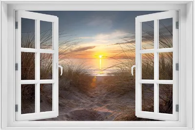 Produktbild von Wallario Wandbild mit Fenster-Illusion: Sonnenuntergang am Strand, Größe: 61 x 91,5 cm, Poster mit weißem Aluminiumrahmen