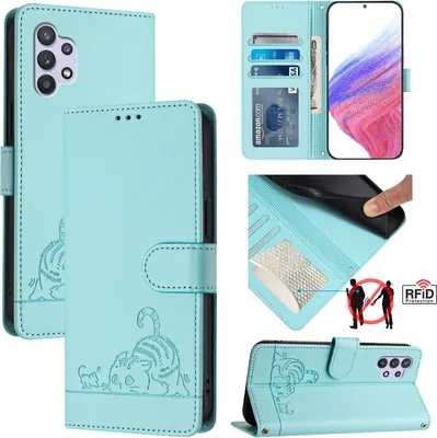 Produktbild von Leder Hülle für Samsung Galaxy A32 5G/M32 5G Süße Katze Flip Case Brieftasche Schutzhülle mit Standfunktion hellgrün