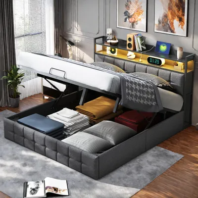 Image de Fortuna Lai Lit rembourré 140x190 cm avec éclairage LED & prise électrique - Lit de rangement avec vérin à gaz & fonction de chargement USB/Type-C - Gris Tissu en lin