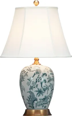 Produktbild von Fine Asianliving Chinesische Tischlampe Porzellan mit Lampenschirm E27 Orientalische Tischleuchte Keramik Nachttischlampen Schlafzimmer Wohnzimmer