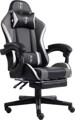 A gaming chair with a racing design is shown against a white background.