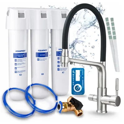 Immagine prodotto di Rubinetto da cucina a 3 vie, flessibile, in acciaio inossidabile, con doccetta estraibile. Include sistema di filtraggio dell'acqua Aquaphor, girevole a 360°