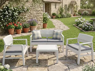 Produktbild von Outdoor-Lounge-Set Dauter, Gartengarnitur mit 2 Sesseln, 1 Sofa und 1 Couchtisch, Sitzecke in Rattan-Optik mit Kissen, 100 % Italy, Weiß