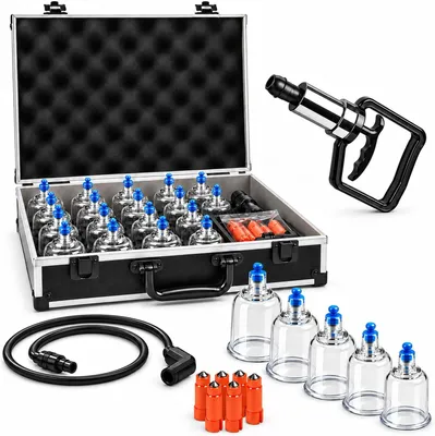 Productafbeelding van Cuppingglazen set - 19 stuks, in aluminium koffer, inclusief pomp - Cupping met vacuümpomp